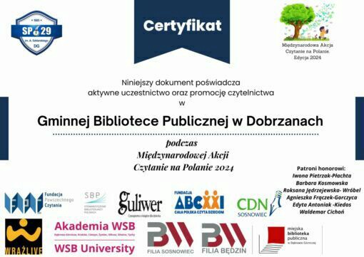 Certyfikat dla Gminnej Biblioteki Publicznej w Dobrzanach w Międzynarodowej Akcji Czytanie na Polanie 2024 