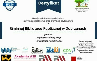 Zdjęcie do Certyfikat dla Gminnej Biblioteki Publicznej w Dobrzanach oraz Filii w Krzemieniu za udział w Międzynarodowej Akcji Czytanie na Polanie 2024